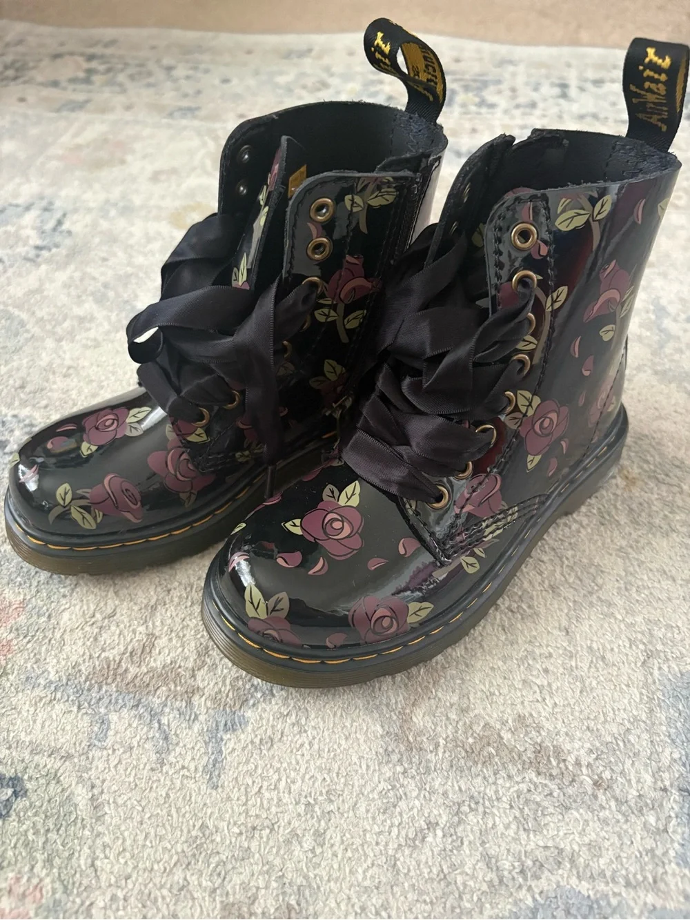 Dr. Martens Black Patent Floral Lace-Up Boots with Pink Roses